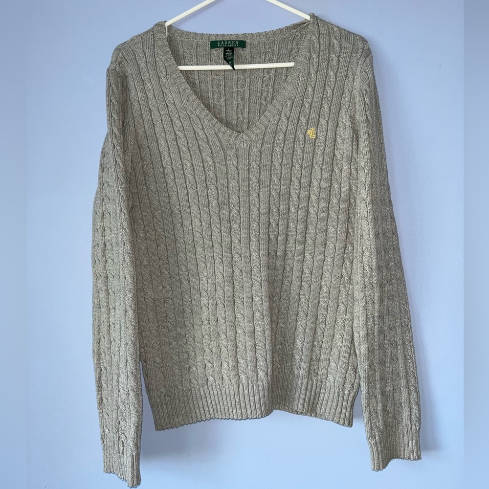 Lauren Ralph Lauren Cable Knit V Neck Sweater Gray Gold Logo Large